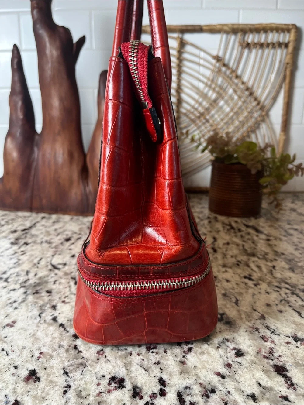 Pelle Studio Red Croc-Embossed Satchel with Zip Compartment